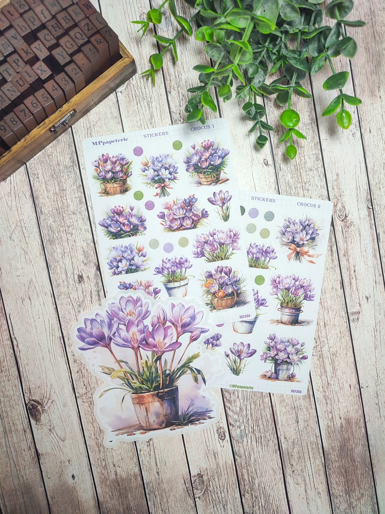 Set jusqu'à 2 planches et un gros sticker thème crocus et printemps pour vos planner bujo journal scrapbooking monthly weekly journaling image 1