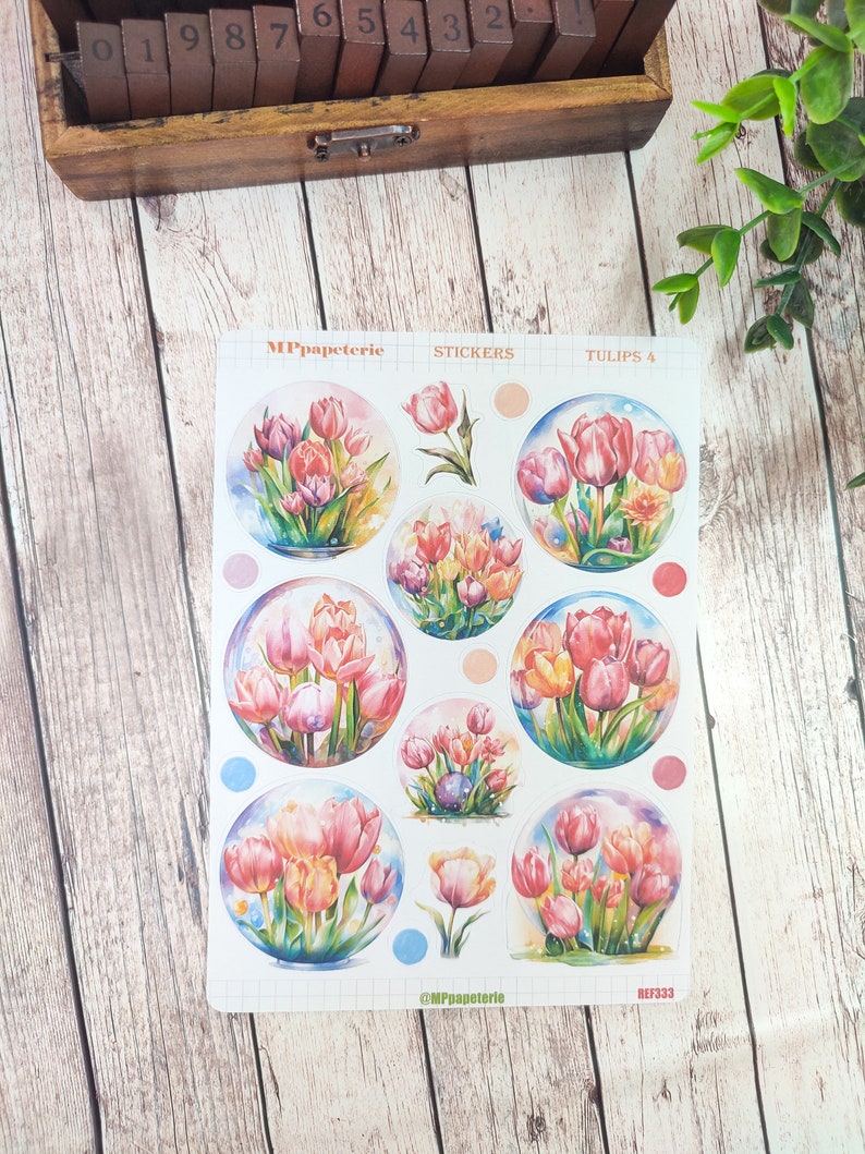 Set of up to 7 sheets of tulip theme stickers for your planner bujo journal scrapbooking monthly weekly journaling spring Tulipes 4