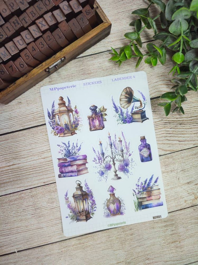 Set jusqu'à 8 feuilles de stickers thème lavande, café lavande, dessert lavande, vintage lavande pour bullet journal scrapbooking planner Lavender 4