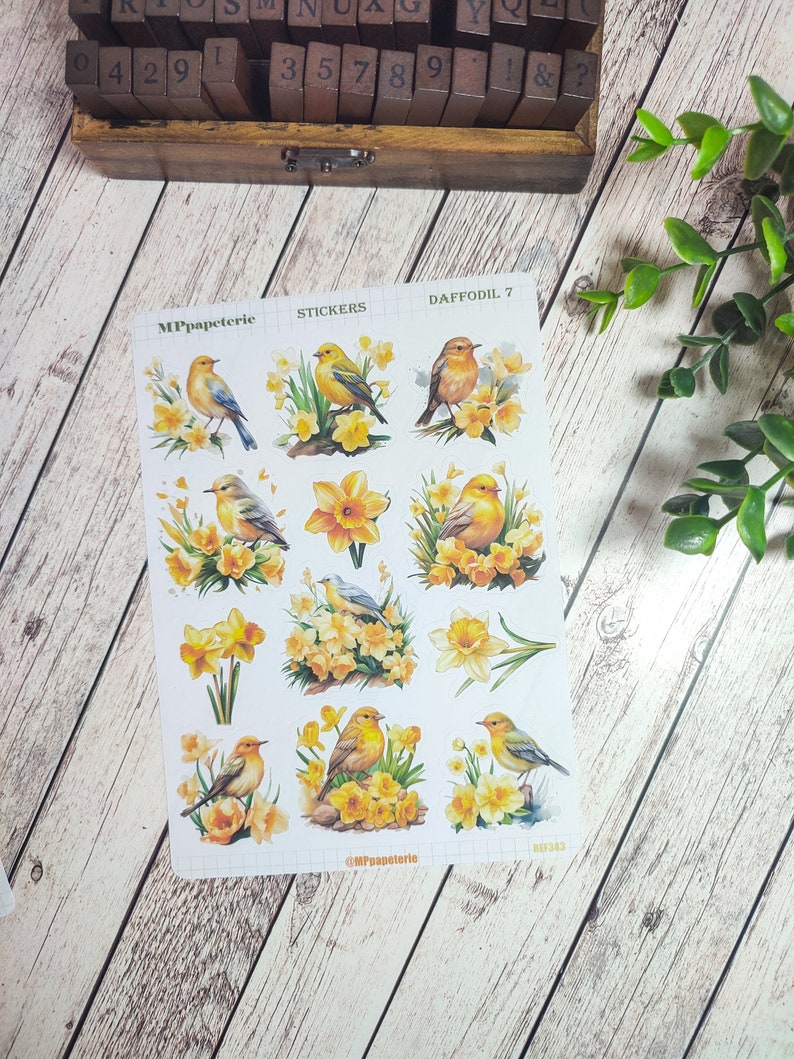 Set of up to 7 sheets of daffodil theme stickers for spring your planner bujo scrapbooking monthly weekly journaling Jonquilles 7