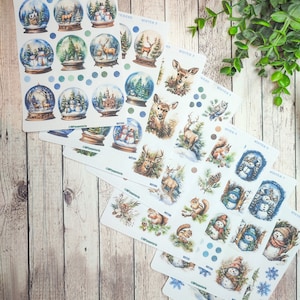 Gros set jusqu'à 8 feuilles de stickers thème hiver froid glacial, neige et forêt enneigée pour bujo journal scrapbooking planner journaling