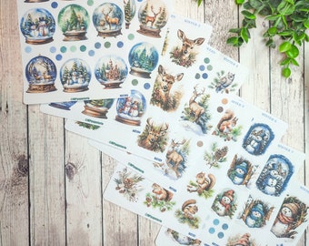 Large set of up to 8 sheets of stickers with icy cold winter theme, snow and snowy forest for bujo journal scrapbooking planner journaling