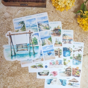 Set jusqu'à 4 feuilles de stickers + 1 gros sticker thème été océan plage soleil pour vos planner bujo scrapbooking bujo journal