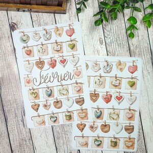 Jusqu'à 2 gros stickers thème sachet de thé en coeur ou vintage m, l'un avec de la calligraphie en février pour vos planner bujo journal