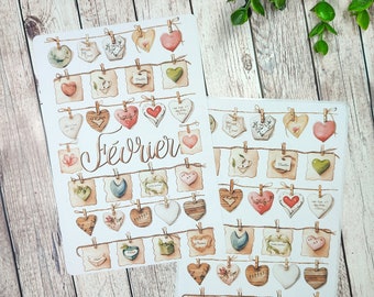 Up to 2 large tea bag theme stickers in heart or vintage m, one with calligraphy in February for your planner bujo journal