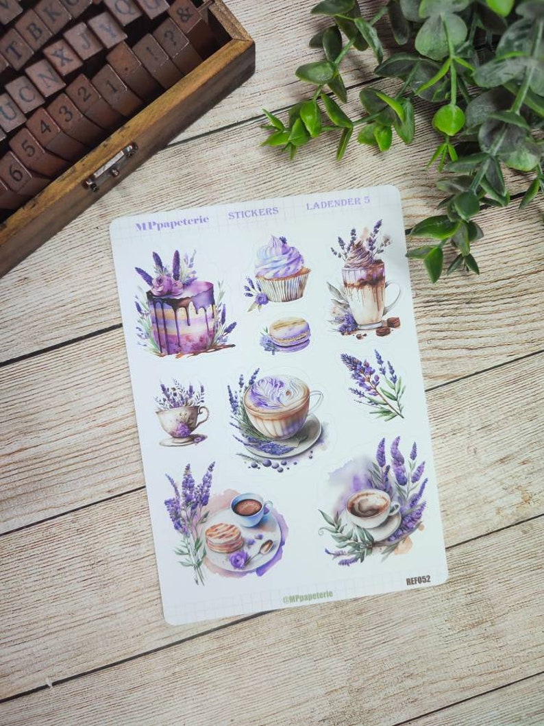 Set jusqu'à 8 feuilles de stickers thème lavande, café lavande, dessert lavande, vintage lavande pour bullet journal scrapbooking planner Lavender 5