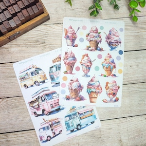 Set jusqu'à 2 feuilles de stickers thème glace et marchand de glace pour vos bujo planner scrapbooking art Book weekly et monthly