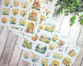 Set of up to 7 sheets of daffodil theme stickers for spring your planner bujo scrapbooking monthly weekly journaling