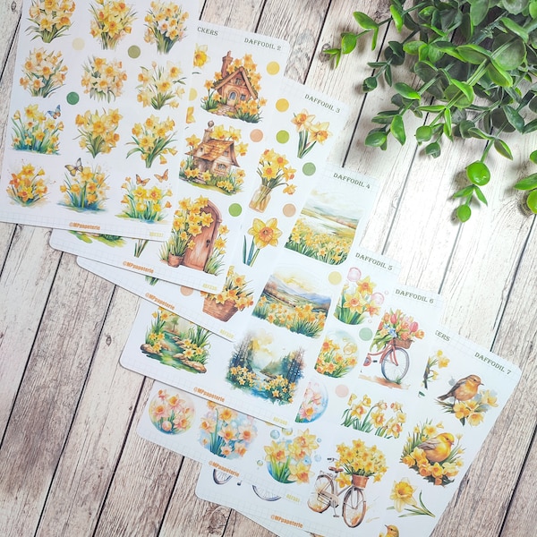 Set of up to 7 sheets of daffodil theme stickers for spring your planner bujo scrapbooking monthly weekly journaling