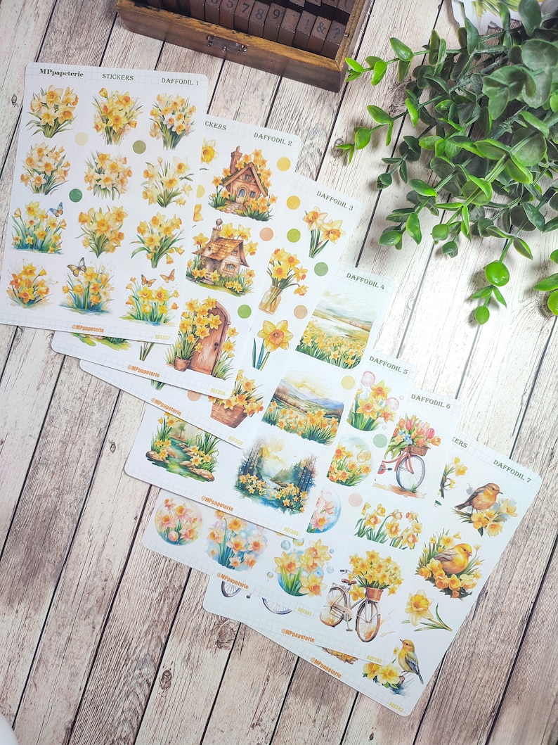 Set of up to 7 sheets of daffodil theme stickers for spring your planner bujo scrapbooking monthly weekly journaling Set 1+2+3+4+5+6+7
