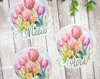 Jusqu'à 3 gros stickers thème tulipes mois calligraphie mois du printemps mars avril ou mai pour vos planner bujo journal scrapbooking