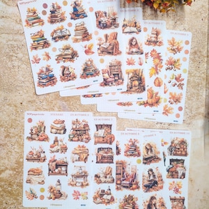 conjunto de hasta 10 hojas de pegatinas con temas de otoño, libros, capullos, animales, hojas de otoño para su diario de álbumes de recortes de bujo planificador
