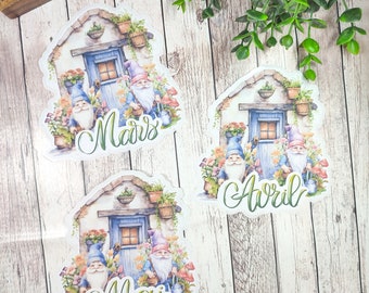 Up to 3 large stickers themed in my garden with gnome flowers and house in spring month calligraphy for planner journal scrapbooking