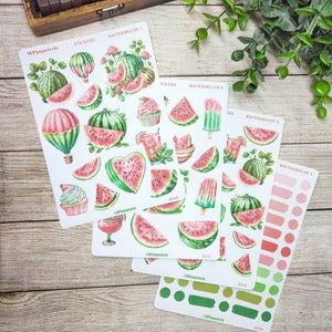 Set jusqu'à 4 feuilles de stickers thème pastèque spécial été pour décorer vos planner bujo journal scrapbooking monthly weekly planner