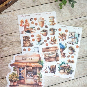 Set jusqu'à 2 feuilles de stickers et un gros sticker thème café pour vos planner, bujo, scrapbooking monthly weekly planner journaling