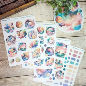 Set jusqu'à 4 feuilles de stickers thème espace et planètes pour vos planner bujo journal art Book scrapbooking weekly planner monthly
