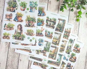 set of up to 7 sheets of garden theme stickers, window plants, spring for your planner bujo scrapbooking journaling