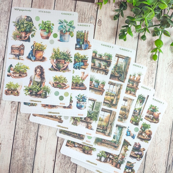 set jusqu'à 7 feuilles de stickers thème jardin, fenêtre plantes, printemps pour vos planner bujo scrapbooking journaling