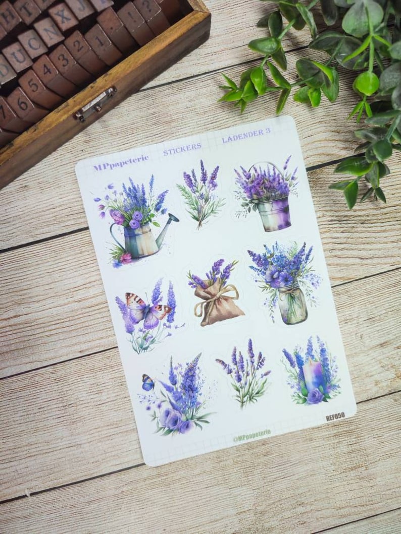 Set jusqu'à 8 feuilles de stickers thème lavande, café lavande, dessert lavande, vintage lavande pour bullet journal scrapbooking planner Lavender 3