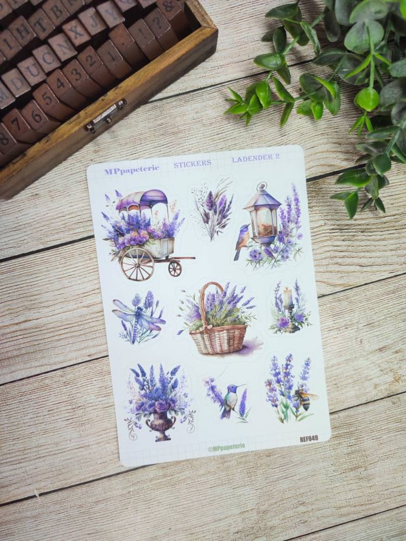 Set jusqu'à 8 feuilles de stickers thème lavande, café lavande, dessert lavande, vintage lavande pour bullet journal scrapbooking planner Lavender 2