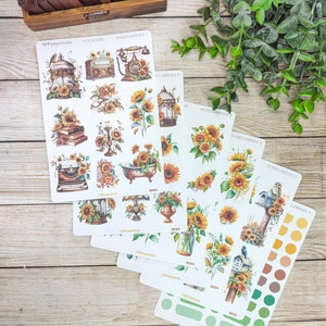 Set of up to 6 sheets of sunflower theme stickers, vintage sunflower, sunflower mail, sunflower bouquet, antique sunflower for bullet