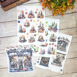 Set jusqu'à 3 feuilles de stickers + 1 gros sticker thème halloween,vpotuin bougie et squelettes, boutique décoration pour vos planner bujo