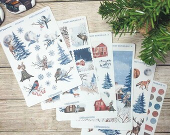 Set jusqu'à 6 planches de stickers thème forêt hivernale, hiver, neige animaux, sapin, maisons, cosy bullet journal, planner, weekly planner
