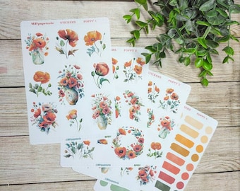 Set of up to 4 sheets of poppy theme stickers for bullet journal scrapbooking monthly planner weekly planner journaling