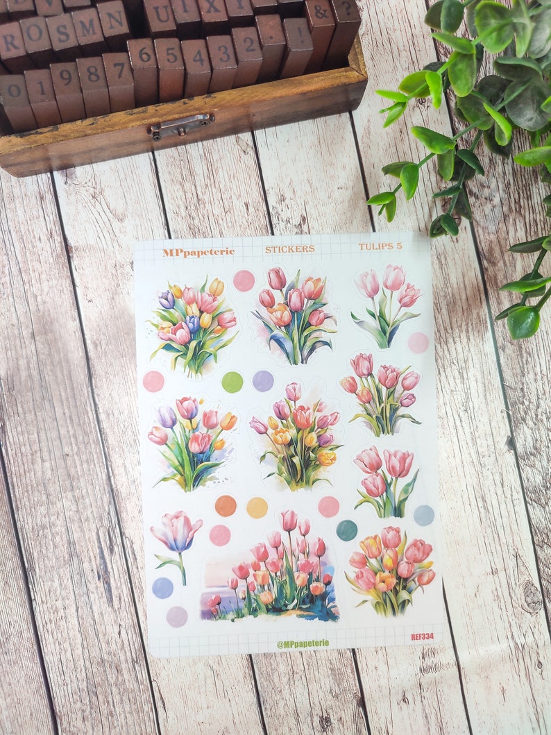 Set of up to 7 sheets of tulip theme stickers for your planner bujo journal scrapbooking monthly weekly journaling spring Tulipes 5