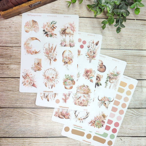 Set jusqu'à 4 feuilles de stickers thème boho, bohème chic pour vos planner bujo journal scrapbooking monthly weekly planner journaling art