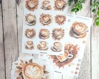 Set of up to 2 sheets of stickers and 1 large coffee lover theme sticker for your planner bujo journal scrapbooking monthly weekly journaling