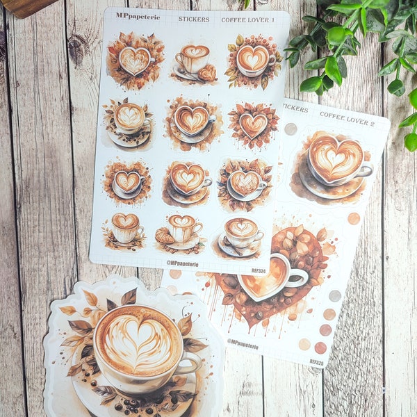 Set jusqu'à 2 feuilles de stickers et 1 gros sticker thème coffee lover pour vos planner bujo journal scrapbooking monthly weekly journaling