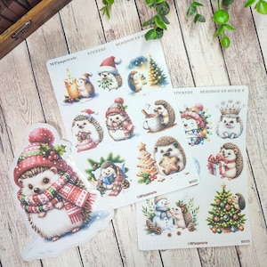 Set jusqu'à 2 feuilles de stickers et 1 gros sticker hérisson en hiver et Noël pour vos bujo scrapbooking monthly weekly planner journaling