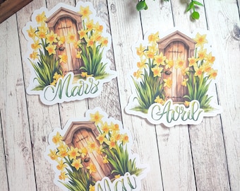 Up to 3 large daffodil theme stickers in March April or May calligraphy for your planner bujo scrapbooking journaling