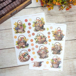 Set jusqu'à 2 feuilles de stickers thème panier automnal avec champignons feuilles et citrouilles pour vos planner bujo journal scrapbooking