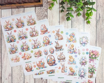 set of up to 6 sheets of Easter theme stickers, rabbits, eggs, chicks and spring colors for your planner bujo scrapbooking journal