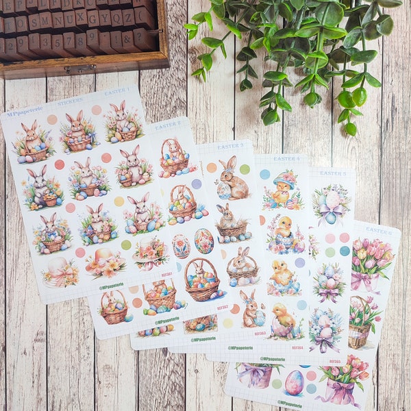 set jusqu'à 6 feuilles de stickers thème Pâques, lapins, oeuf, poussins et couleurs du printemps pour vos planner bujo scrapbooking journal