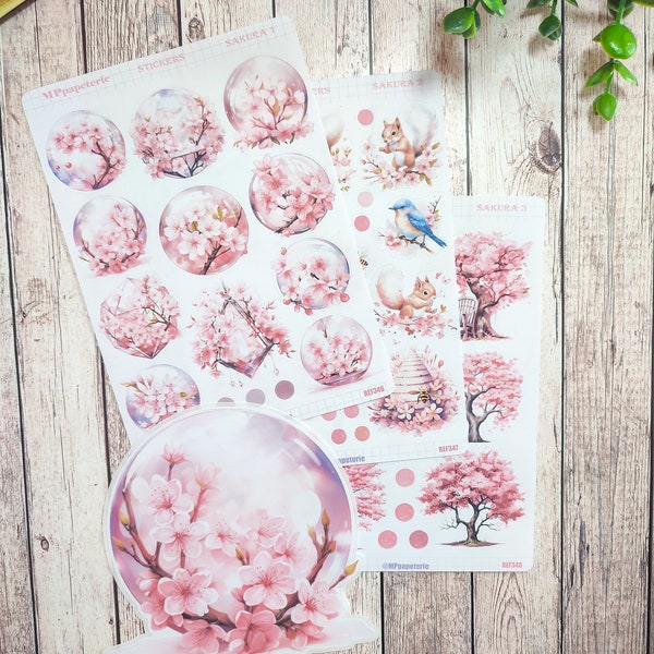 Set jusqu'à 4. Planches de stickers thème Sakura, fleurs de cerisier pour le printemps dans vos planner bujo journal scrapbooking monthly