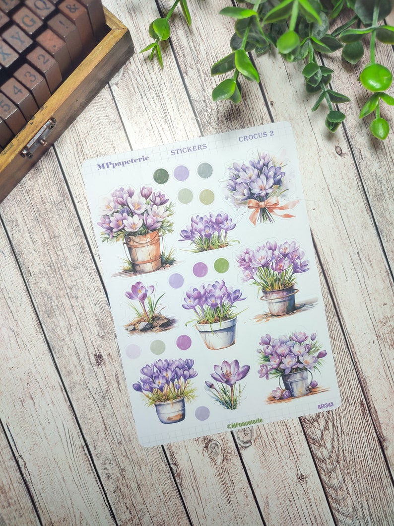 Set composto da un massimo di 2 tavole e un grande adesivo a tema croco e primavera per il tuo planner bujo journal scrapbooking mensile settimanale journaling Crocus 2