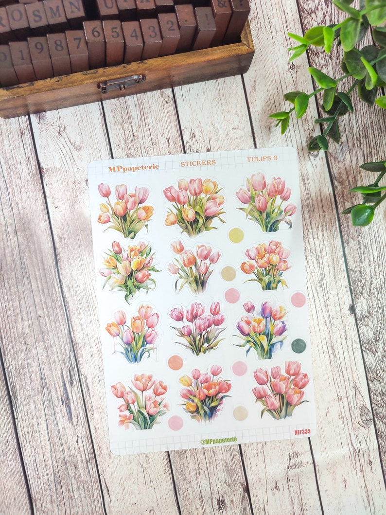 Set of up to 7 sheets of tulip theme stickers for your planner bujo journal scrapbooking monthly weekly journaling spring Tulipes 6