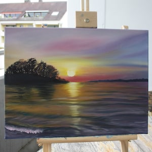 Oil painting sunset on the lake, Lake Constance in the evening