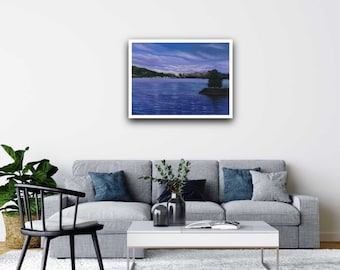 May include: A painting depicting a lake with a small island and a tree in the foreground. The sky is a light blue with white clouds. The water is a dark blue.