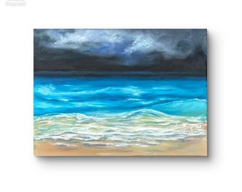 Oil painting blue waves at the sea