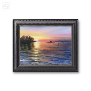 Oil painting sunset on Lake Constance, evening on Lake Constance