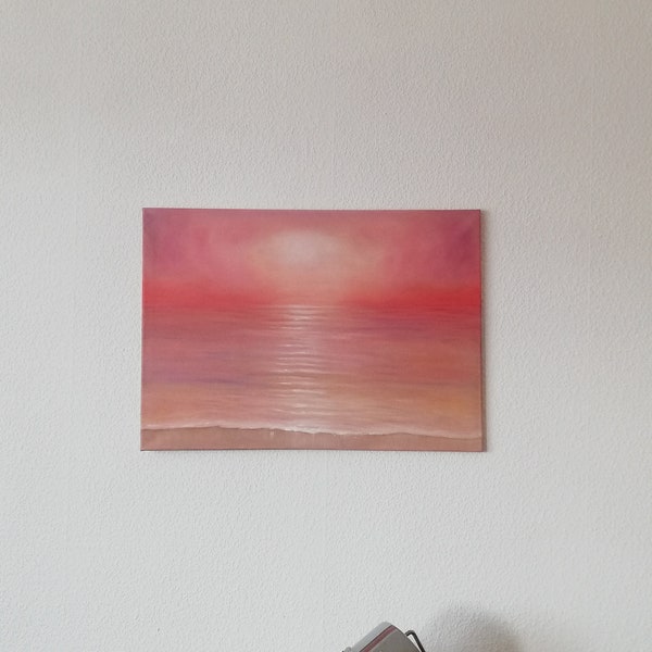 Abstrakte Ölgemälde Meer, Rosa Meer am Sonnenuntergang Malerei, Gemälde Sonnenuntergang am Meer