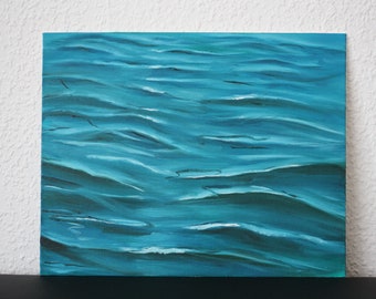 Oil painting water sea, blue water painting, water picture, small canvas on cardboard, picture sea hand painted with oil paints, blue waves painting