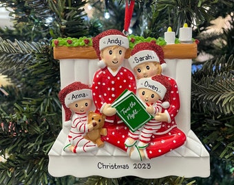 Personalised Christmas Bauble Decoration - Reading In Bed Family of 4 Ornament