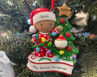Personalised Christmas Bauble Decoration -  Dark Skin Baby Girl Ornament | Dark Skin Baby Boy | Baby's First Christmas | Black Baby Ornament