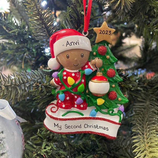 Personalised Christmas Bauble Decoration -  Dark Skin Baby Girl Ornament | Dark Skin Baby Boy | Baby's First Christmas | Black Baby Ornament