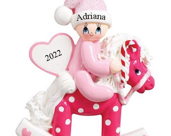 Personalised Christmas Bauble Decoration - Baby Girl Rocking Horse Ornament - My First Christmas